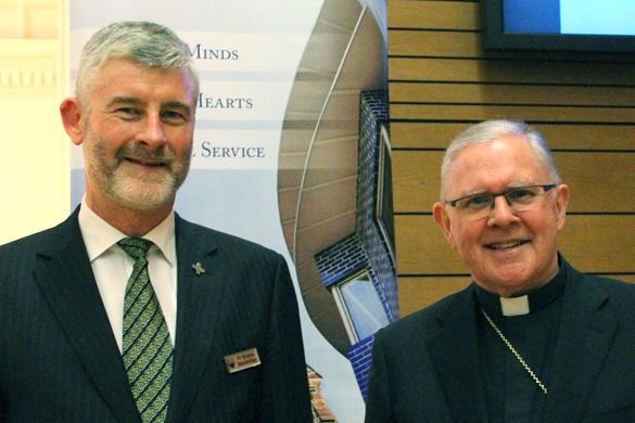 Brisbane Archbishop Mark Coleridge with Father Shane Mackinlay, Associate Professor at Melbourne’s Catholic Theological College. Image: Supplied.