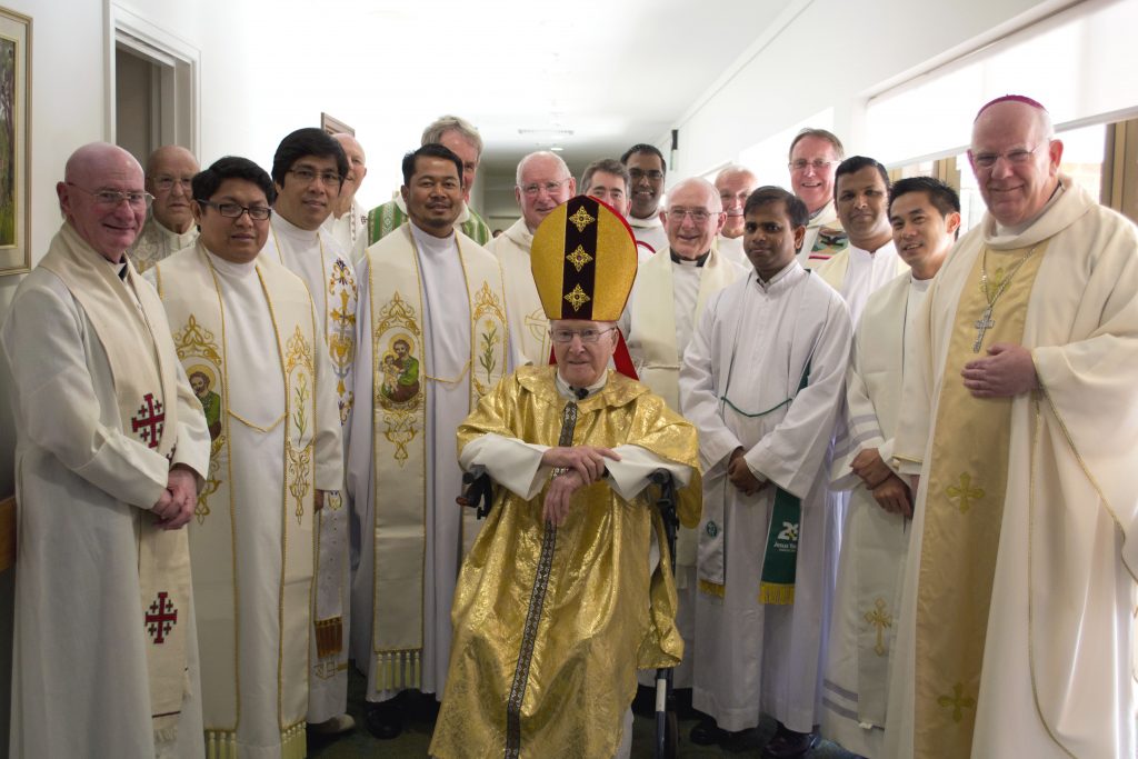 Bishop Myles McKeon, pictured at a celebration for the golden jubilee of his consecration as a bishop, is remembered as a warm and sociable man who was popular with clergy and parishioners alike. Photo: Sarah Motherwell