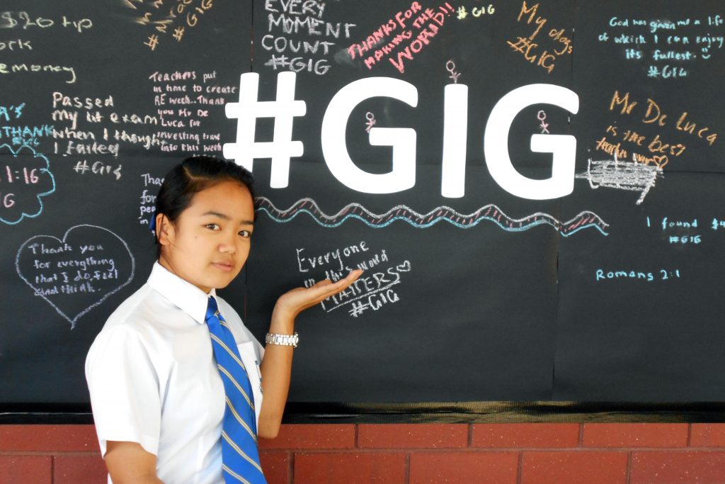 Mercy College students engaged with the #GIG (God is good) hashtag during the school’s inaugural Religious Education Week, held from 20 to 24 June. Photo: Supplied