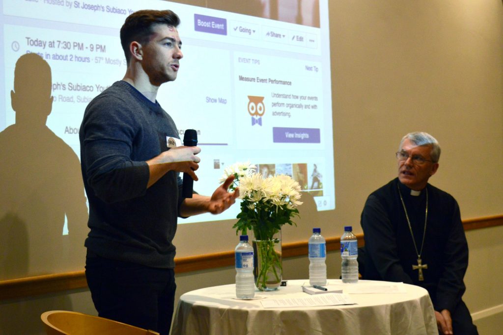 MC Paddy Dodd introduces Archbishop Timothy Costelloe SBD at the dinner and Q&A session hosted by the St Joseph’s Church Subiaco Youth Group. Photo: Feby Plando