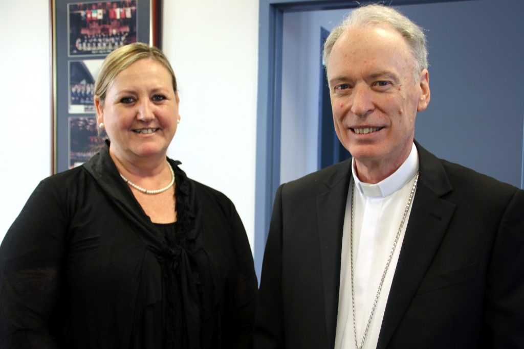 Archdiocese of Perth Auxiliary Bishop, Don Sproxton, spends time with Mercy College Principal Julie Hornby during the school’s inaugural Religious Education Week. Photo: Supplied