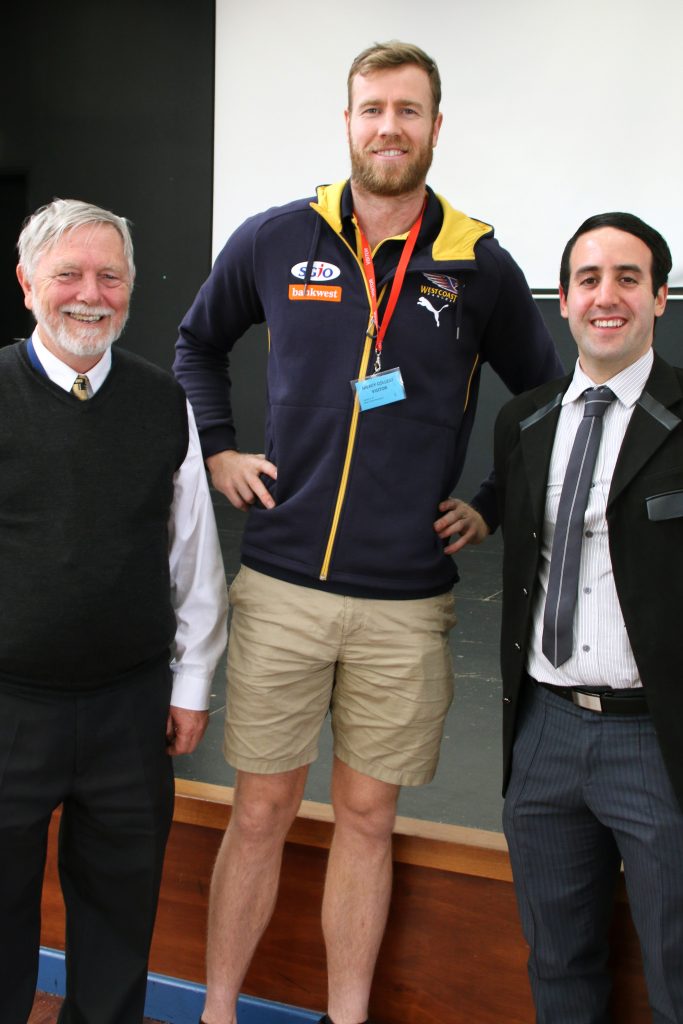 West Coast Eagles player, Jonathon Giles, pictured with Mercy College staff members, talked to students about the importance of faith in his life. Photo: Supplied