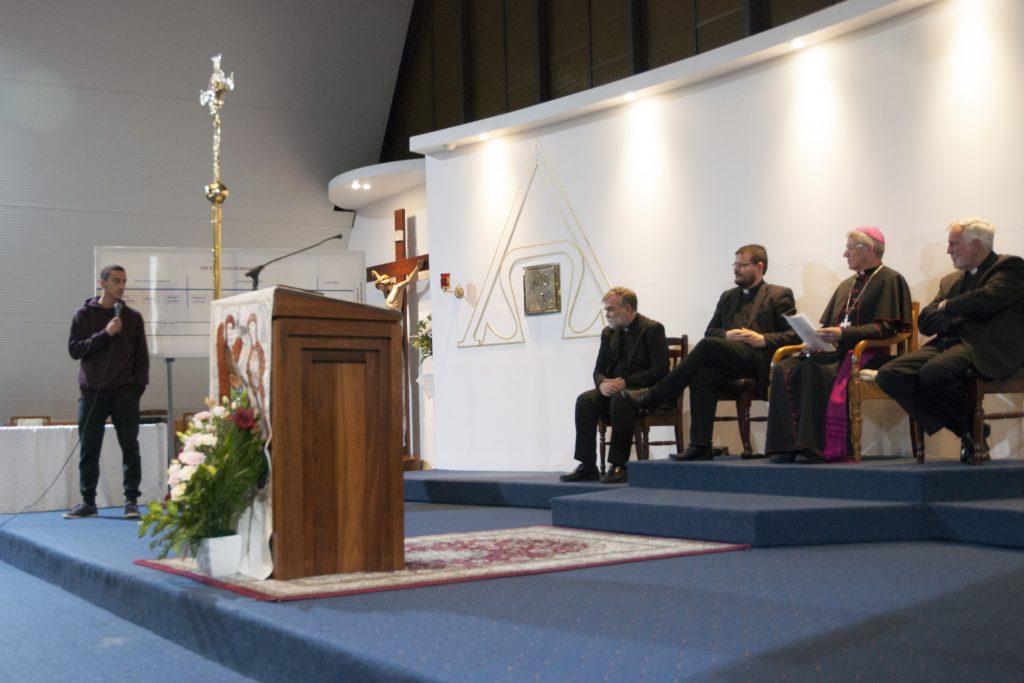 Seventeen year old Matthew Buhagiar gives his experience in the presence of Archbishop Timothy Costelloe on Tuesday, 16 August during a meeting with communities of the Neocatechumenal Way. Photo: Jamie O’Brien