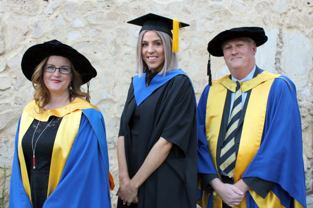 Recipients of higher degrees by research – Dr Tegan Grace, Erin Fee and Dr David Gilchrist. Photo: Supplied