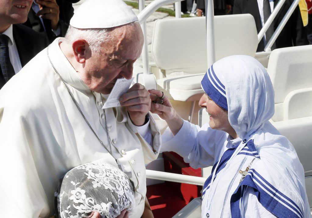 Missionaries of Charity nun at the conclusion of the canonisation Mass of St Teresa of Kolkata in St. Peter's Square at the Vatican on 4 September. Photo: CNS/Paul Haring