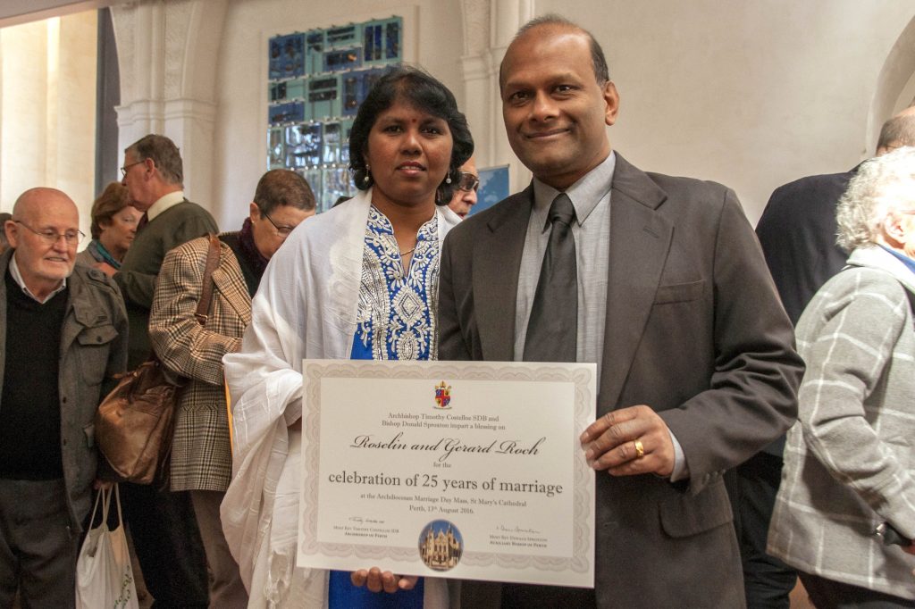 Gerard and Roselin Roch received a commemorative certificate at this year’s Annual Marriage Day Mass bestowing a special blessing from Archbishop Timothy Costelloe and Bishop Don Sproxton. Photo: Marco Ceccarelli