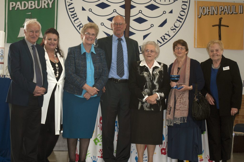 Principals and staff of Padbury Catholic Primary School past and present at the 30th anniversary celebrations on 19 September – John Willett, Pina Hutcheson, Helen O'Toole, David Barras, Sr Carmel Wringe, former Administration Officer June Ross and Roma Criddle Photo: Caroline Smith