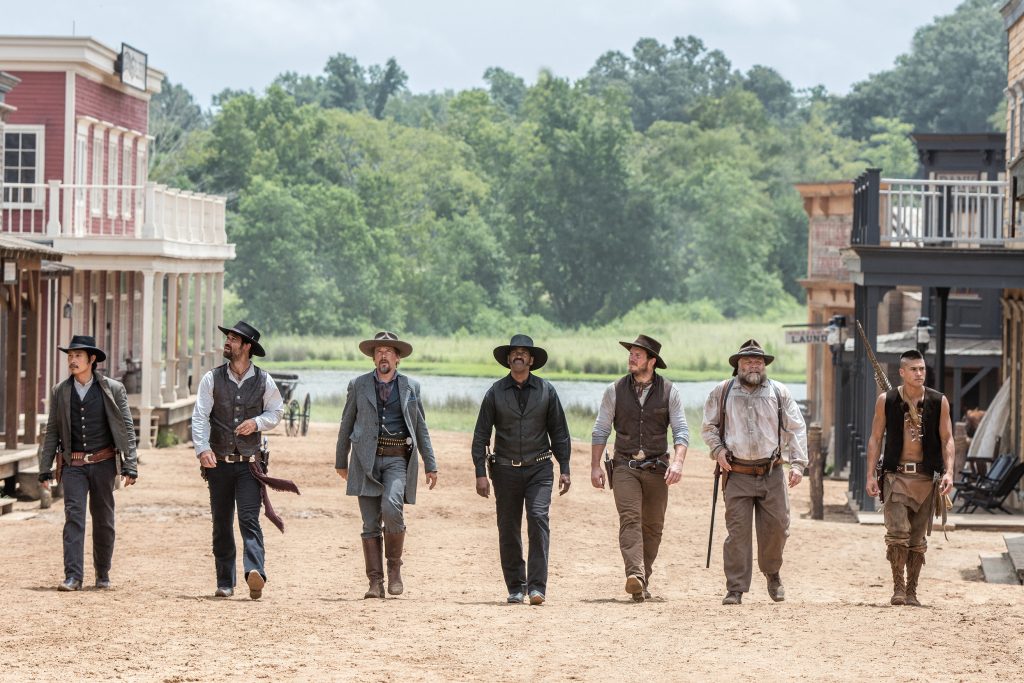 Byung-hun Lee, Manuel Garcia-Rulfo, Ethan Hawke, Denzel Washington, Chris Pratt, Vincent D'Onofrio and Martin Sensmeier star in a scene from the movie The Magnificent Seven. Photo: CNS/MGM