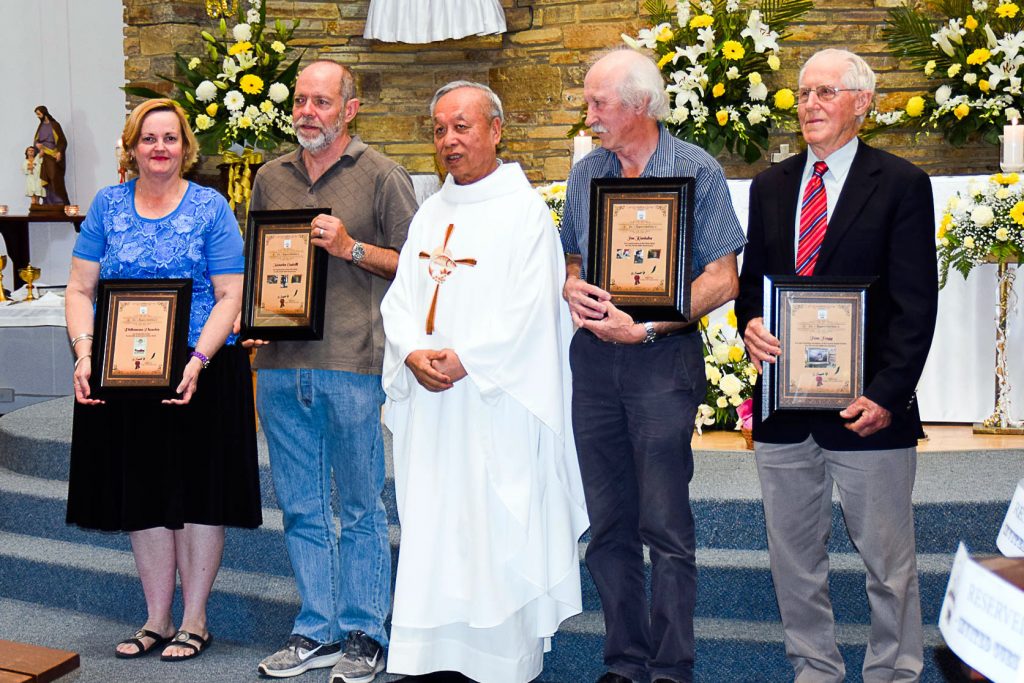 (L-R) Philomena Theseira, Maurice Castelli, Fr Francis Ly, Joe Kaciuba and Tom Hogg received certificates of appreciation for their work in the parish. Photo: Supplied