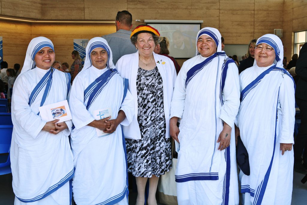 Missionaries of Charity Sisters pictured with Aboriginal Elder Marie Taylor, who did the Welcome to Country at the celebration. Photo: Supplied