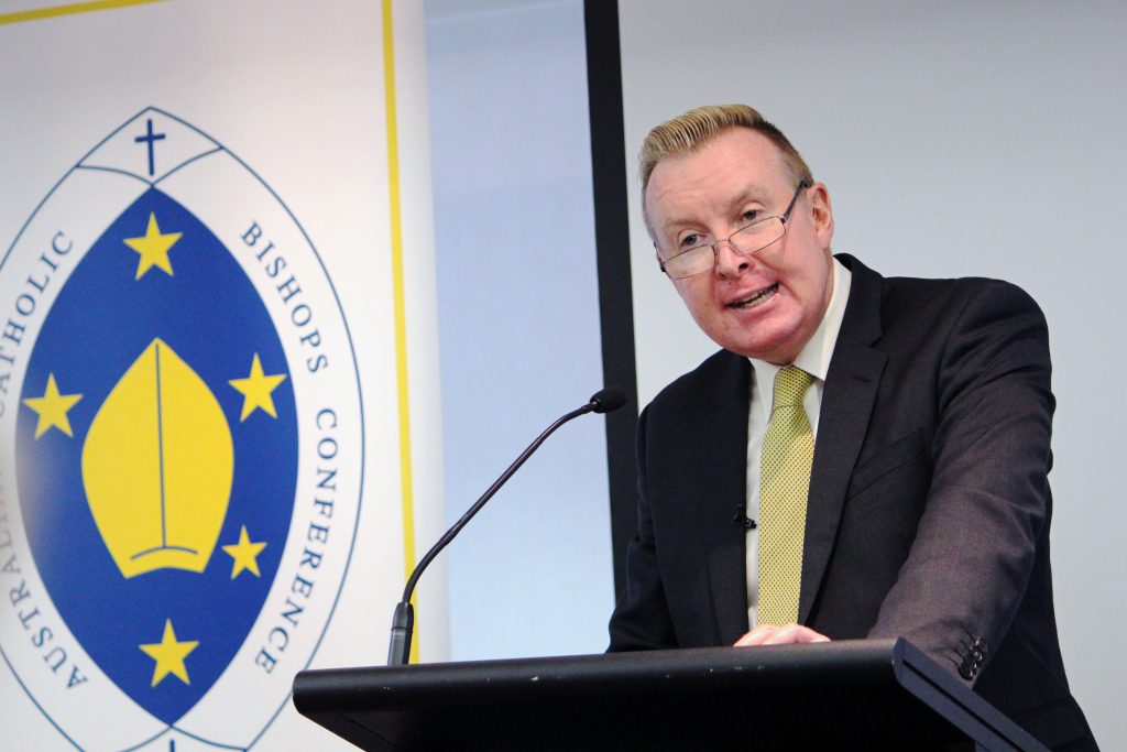 Emeritus Director of Caroline Chisholm Centre for Health Ethics, Fr Kevin McGovern, speaks at the national launch of the 2016-17 Social Justice Statement, which focuses on older people, their needs and treatment in Australian society. Photo: Supplied