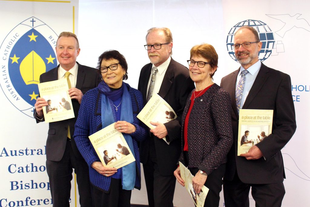 Fr Kevin McGovern, Auntie Elsie Heiss, Australian Catholic Social Justice Council (ACSJC) National Executive Officer, Mr John Ferguson, Sister Patty Fawkner, and ACSJC Editing and Publications Officer, Dr David Brennan, at the launch of the Social Justice Statement in September. Photo: Supplied