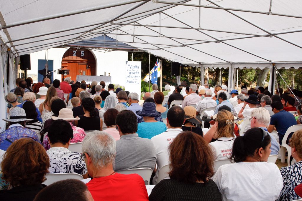 A vast tent provides shade for the crowd of about 300 people during the celebrations for the Schoenstatt Shrine’s Silver Jubilee on Sunday, 27 November. Photo: Chris Quinn