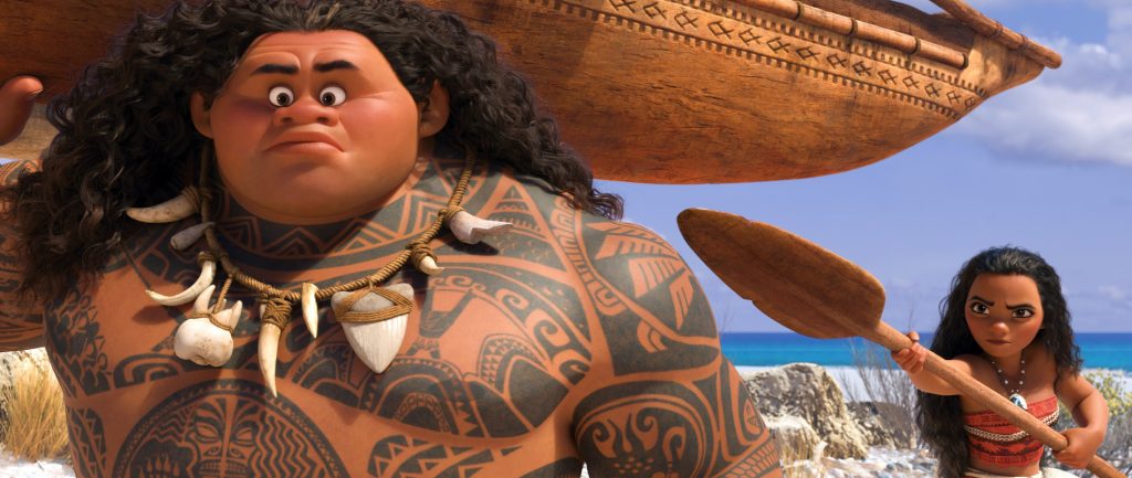 Moana (newcomer Auli’I Cravalho) fearlessly demands the obnoxious Demigod Maui (Dwayne Johnson) to join her on her epic voyage to save her island home. Image: Supplied