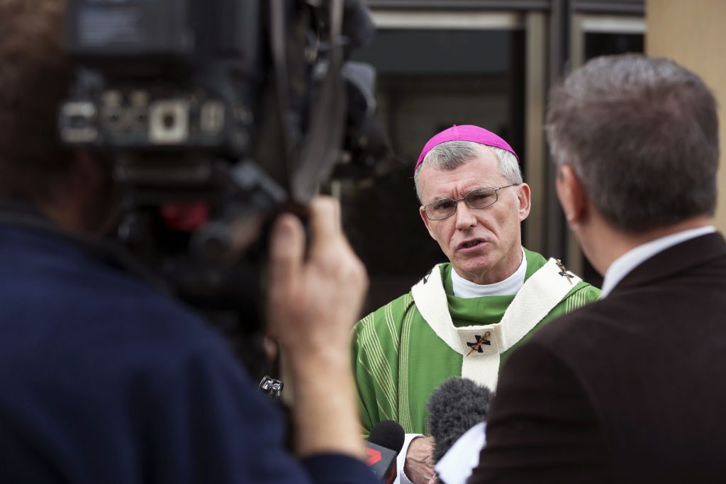 Archbishop Timothy Costelloe speaks with media at the launch of the Archdiocesan Safeguarding Project in 2015. Archbishop Costelloe has this week encouraged the Perth Catholic community to pray for the work of the Royal Commission as it begins to bring its public hearings to a conclusion. Photo: Ron Tan