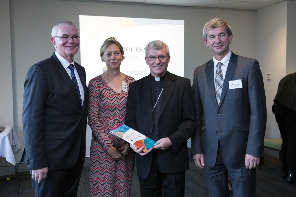 The Archdiocesan Plan Co-ordinating Group Chair, Danny Murphy; Executive Officer, Jane Kikeros; Archbishop Timothy Costelloe; and Archdiocese of Perth CEO-Administration, Greg Russo. Photo: Ron Tan