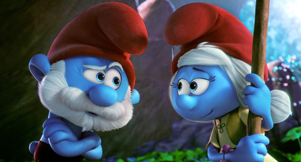 Papa Smurf, voiced by Mandy Patinkin, and Smurfwillow, voiced by Julia Roberts, appear in the animated movie Smurfs: The Lost Village. Photo: CNS/Sony