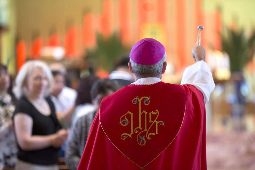 Archbishop Timothy Costelloe blesses the congregation at Palm Sunday Mass, which was held at St Mary’s Cathedral on 9 April. Photo: Ron Tan