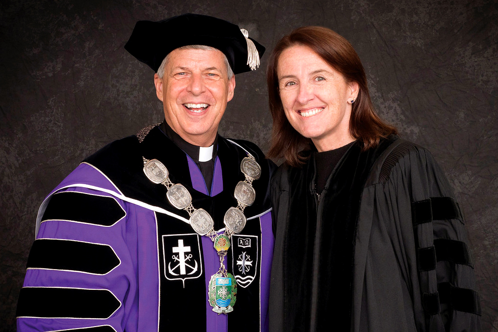 Fr Mark Poorman and Professor Celia Hammond. Professor Hammond received the Doctor of Public Service honoris causa from The University of Portland. Photo: The University of Portland.