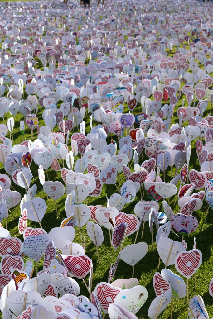 Students from Catholic primary schools across Perth made a gold coin donation to receive a ‘paper heart’ on which they were encouraged to draw a picture or write a message of support to someone in need in the community as part of the 2017 LifeLink Day. Photo: Ron Tan.