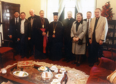  Pictured are Fr Gerard and Bishop Healy to the left in the first historic welcome of Greek Orthodox Bishop, His Grace Nikandros to Archbishop Hickey's residence. Also pictured are Bishop Sproxton, current convener Philip Shields, Susana Dimitrakos and Fr Timothy Corcoran. 