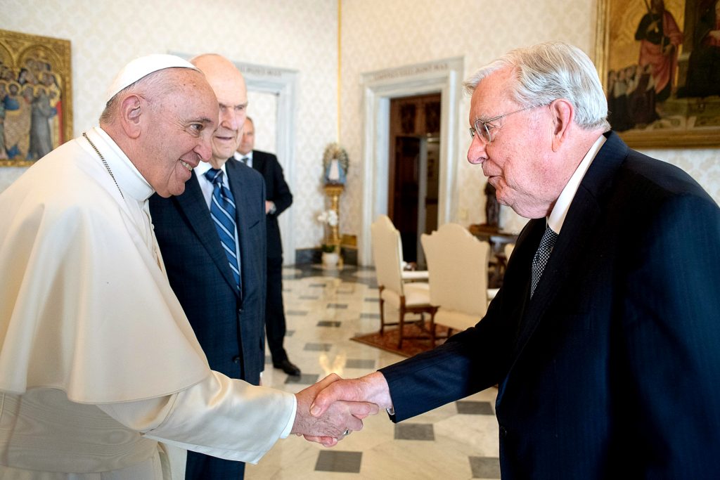 Pope Francis meets with M Russell Ballard, president of the Quorum of the Twelve Apostles of the Church of Jesus Christ of Latter-day Saints, on 9 March 2019. Ballard and other top officials of the church met the Pope at the Vatican the day before inaugurating Rome's new Mormon temple. Photo: Vatican Media/CNS.