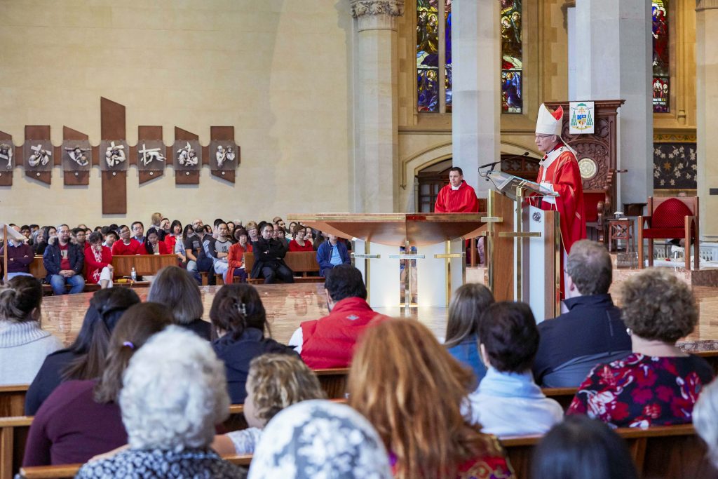 Archbishop Timothy Costelloe SDB delivers his homily during the Lord’s Passion at St Mary’s Cathedral on 19 April. Photo: Ron Tan.