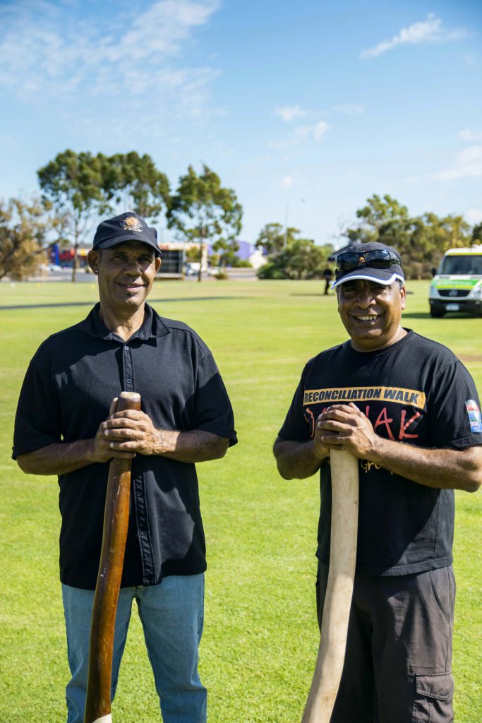 Lenny Yarran (right) is actively engaged with the Whadjak Northside Aboriginal Community Group, taking the time to address some 300 students speaking of the importance of Indigenous Australian culture and history. Photo: Olivia Bunter.