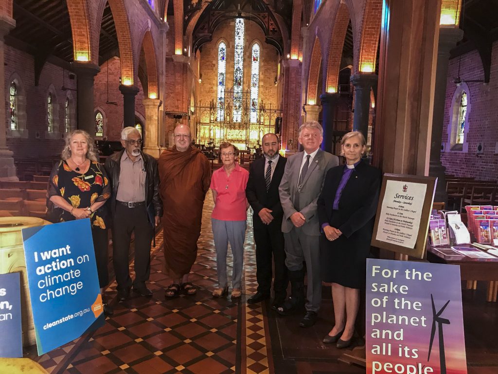 Religious Leaders for action on climate change: Carol Mitchell, Abdul Rahman Yahaya the President of the Islamic Council of WA, Ajah Brahm the Tan Chao Khun of the Bhuddist community, Sister Margaret Keane RSJ of the Sister of St Joseph, Dr Rateb Jneid the President of Muslims Australia, Reverend Steve Francis the Moderator for the Uniting Church and Anglican Archbishop of WA, Kay Goldsworthy AO. Photo: Supplied.