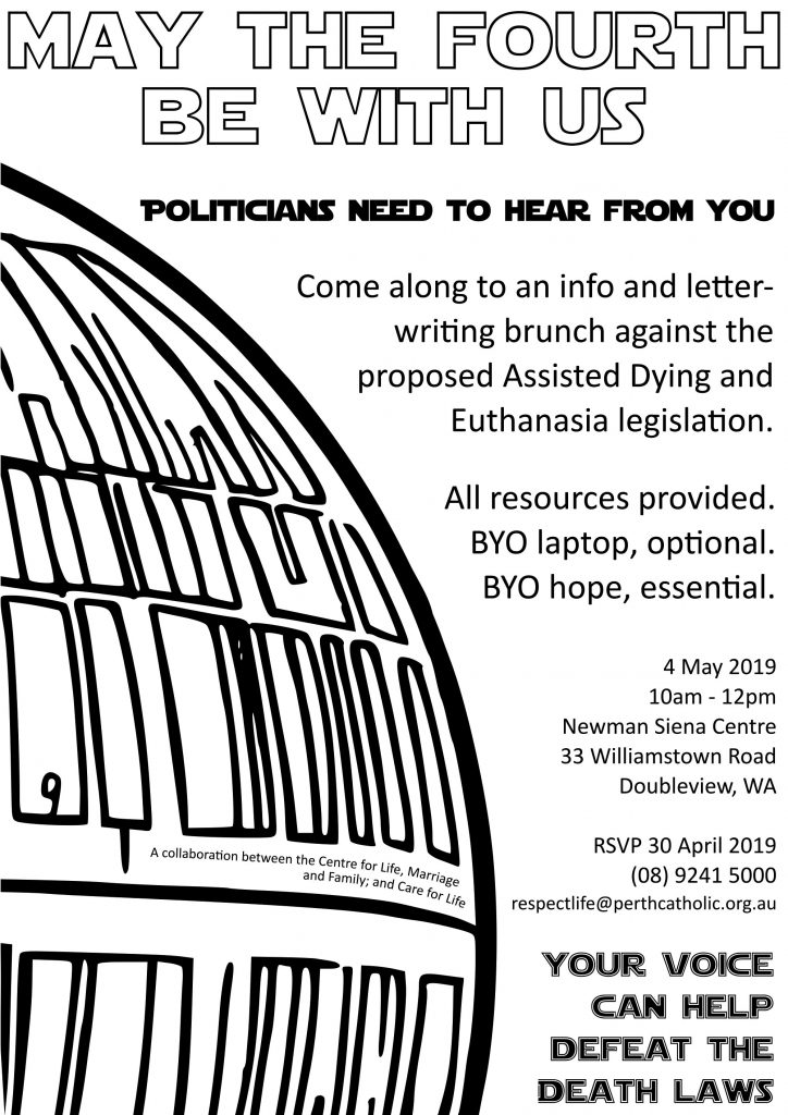 An information and letter writing brunch against the proposed Euthanasia legislation will be held at Newman Siena Centre in Doubleview on Saturday 4 May 10am to 12pm. Photo: Supplied.