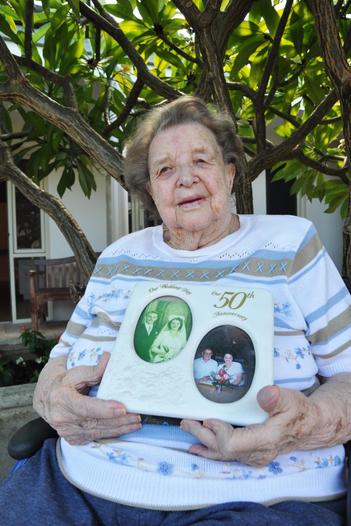 May Uphill, a 91-year-old Mercy Place Lathlain resident, reminisces her 50th wedding anniversary. Photo: Supplied.