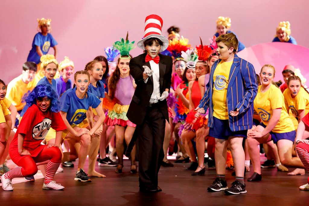 Le Vinh Tran channelled the character of Cat in the Hat is seen singing a song, supported by Harry Gordon playing Jojo and the rest of the cast of Chisholm College production Seussical that took place from 8 to 11 May at the college grounds. Photo: Chisholm College.