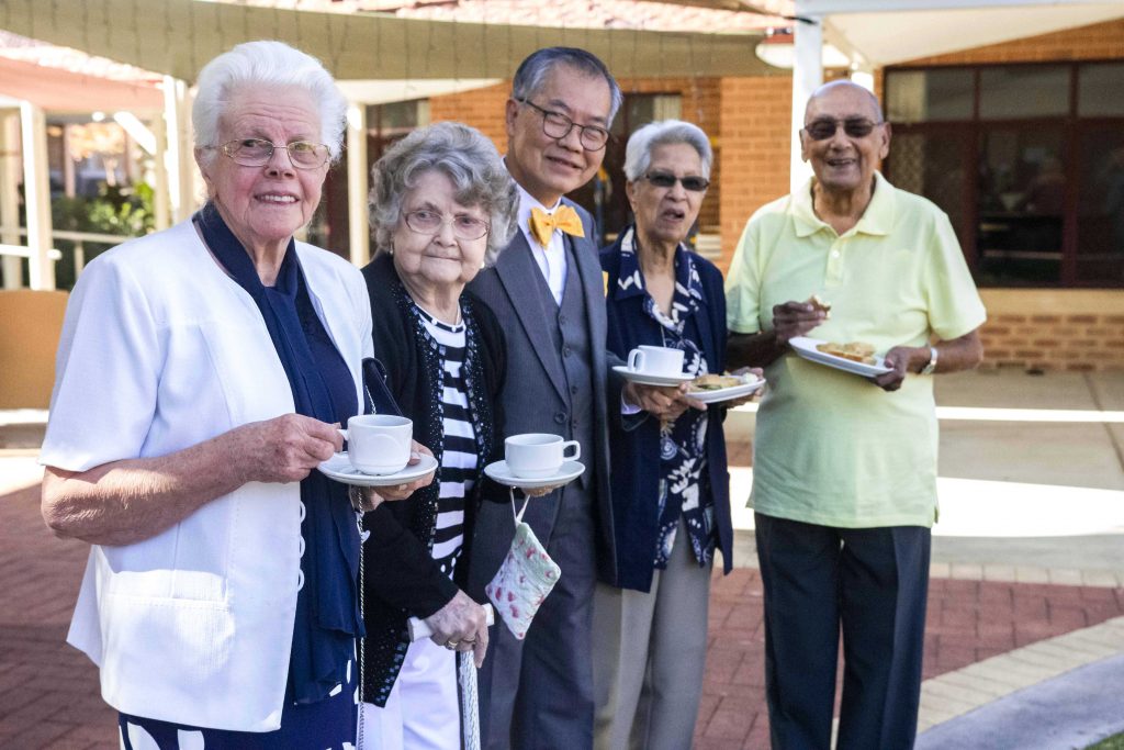 Original Castledare residents, Hilda Polglase, Elenor Hollis, Paul Ng, with Daphne and Charles Stephenson celebrate the anniversary at the morning tea on Tuesday 14 May. Photo: Olivia Bunter.