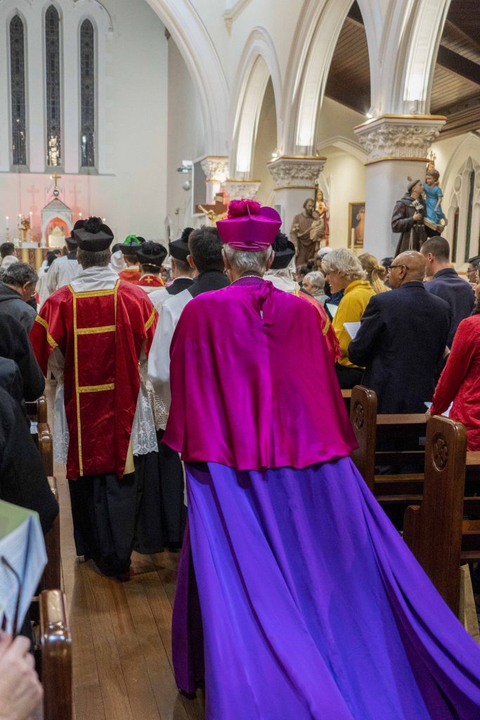 Archbishop Emeritus Barry Hickey processes into the Church for the Silver Jubilee sporting a cappa magna (meaning ‘great cape’). Perth had not seen a Mass like this in full ceremonial form for some 60 years. Photo: Josh Low.