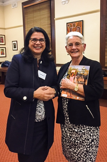 Catholic Education WA Executive Director and Caritas Advisory Committee Member Dr Debra Sayce stands next to Past Diocesan Caritas Perth Director Ann Fairhead at the Caritas book launch on 7 May. Photo: Supplied.