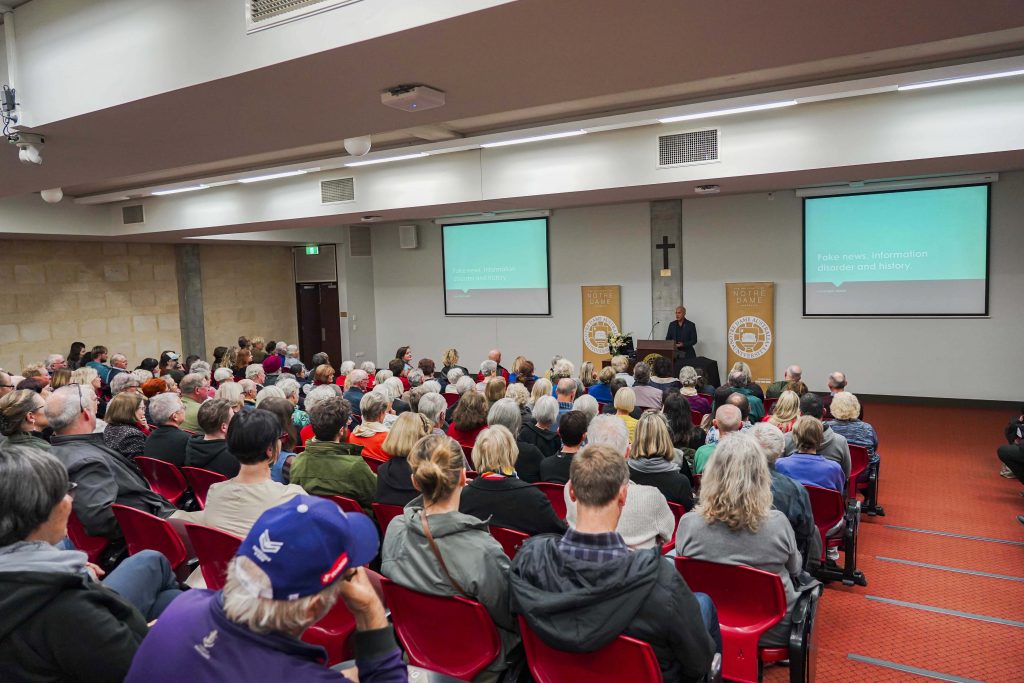 He delivered his keynote address to a full auditorium, exploring the complex issue of truth and lies. Photo: Amy Gibbs.