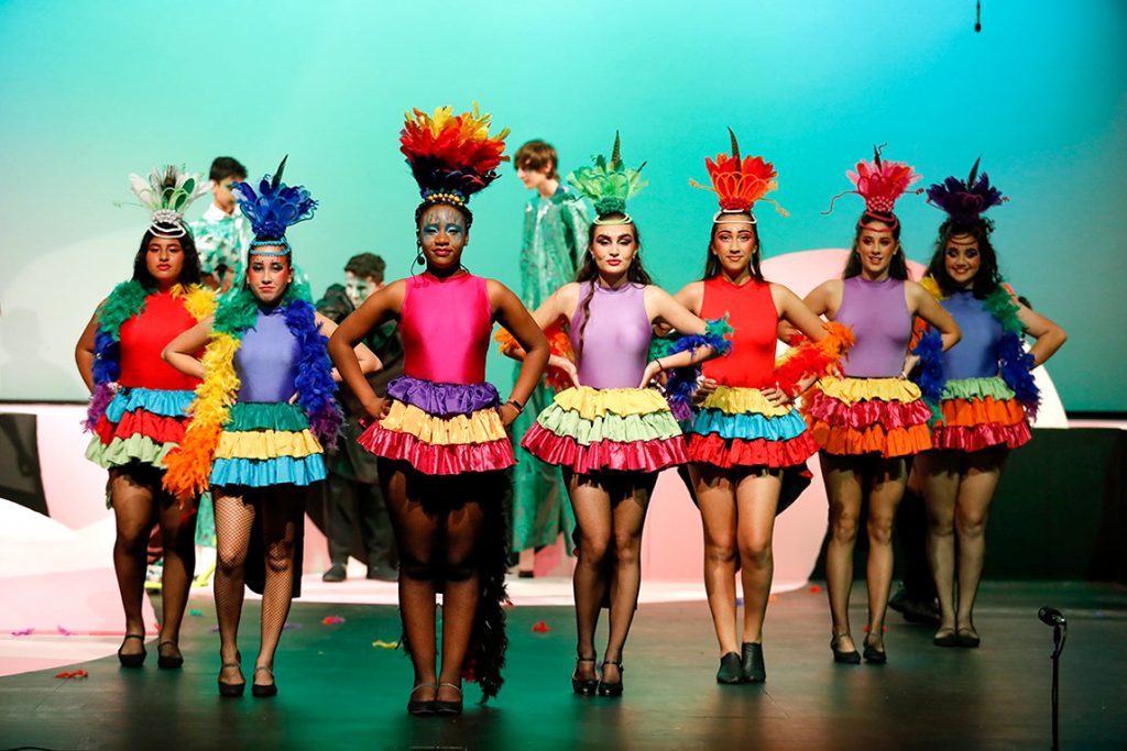 Kaluba Nonde (wearing pink) led the bird girls playing the character of Mayzie LaBird in the Chisholm College production Seussical from 8 to 11 May was held at the college grounds. Photo: Chisholm College.